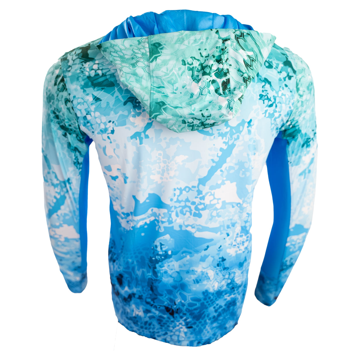 Ocean Pro Tech hoodie in teal and blue water camo, back view with hood up