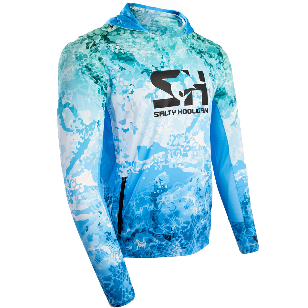 Ocean Pro Tech hoodie in teal and blue water camo, three-quarter side view