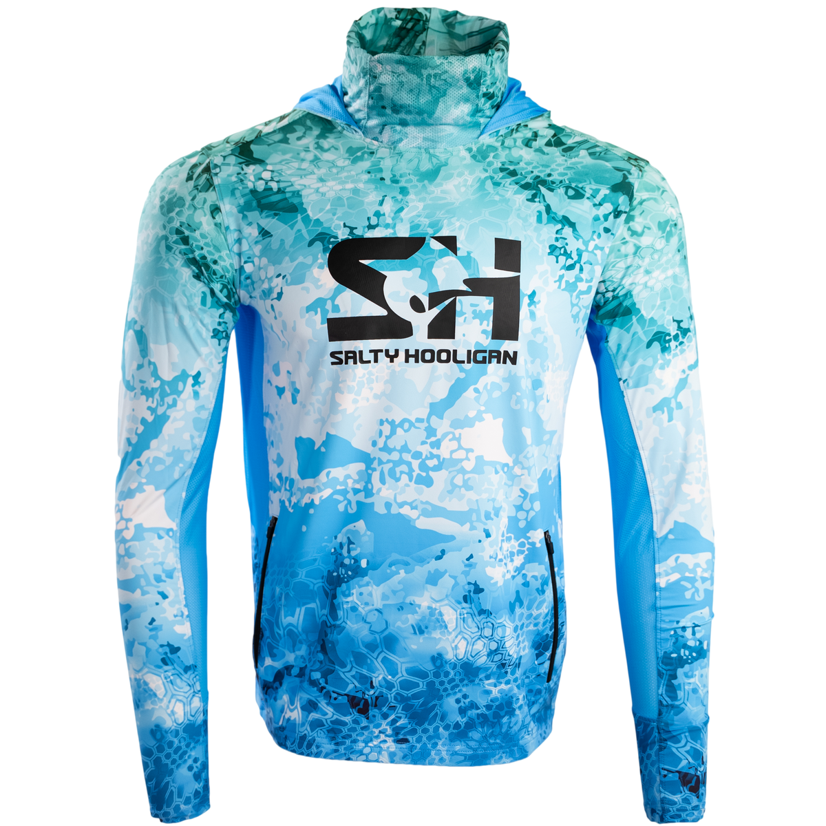 Ocean Pro Tech hoodie in teal and blue water camo, front view