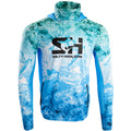 Ocean Pro Tech hoodie in teal and blue water camo, front view with hood