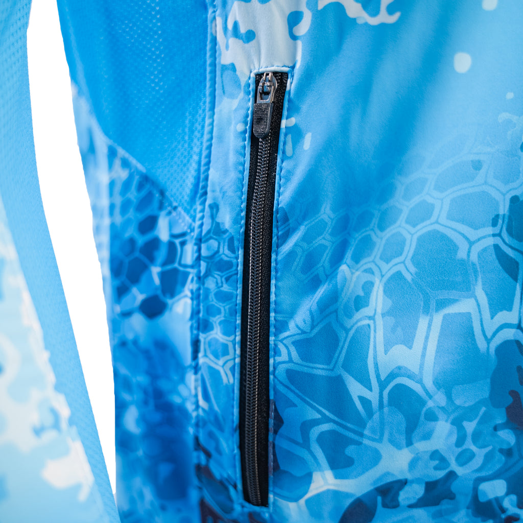 Close-up of the zippered pocket on the Ocean Pro Tech hoodie