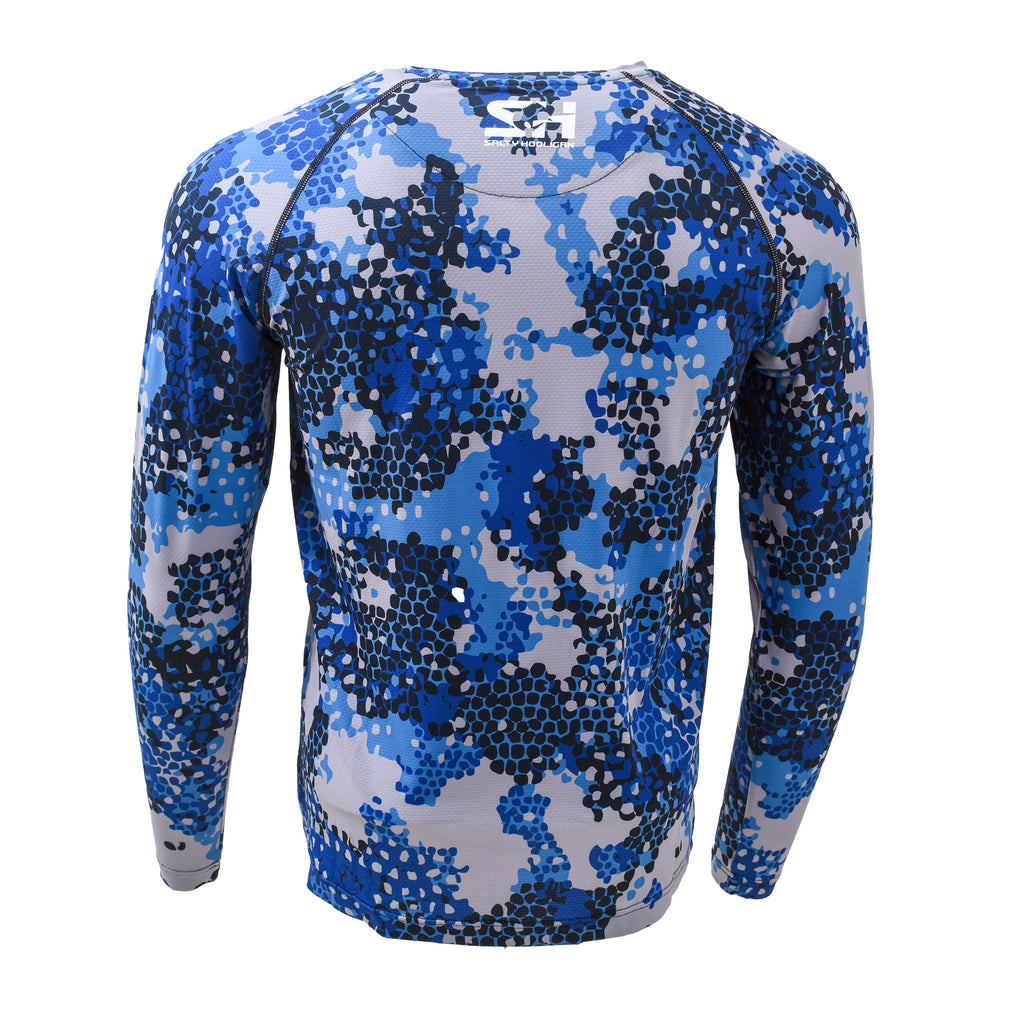 Reef Camo Performance long sleeve shirt in blue and white reef camo, back view