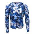 Reef Camo Performance long sleeve shirt in blue and white reef camo, front view with Salty Hooligan sleeve print