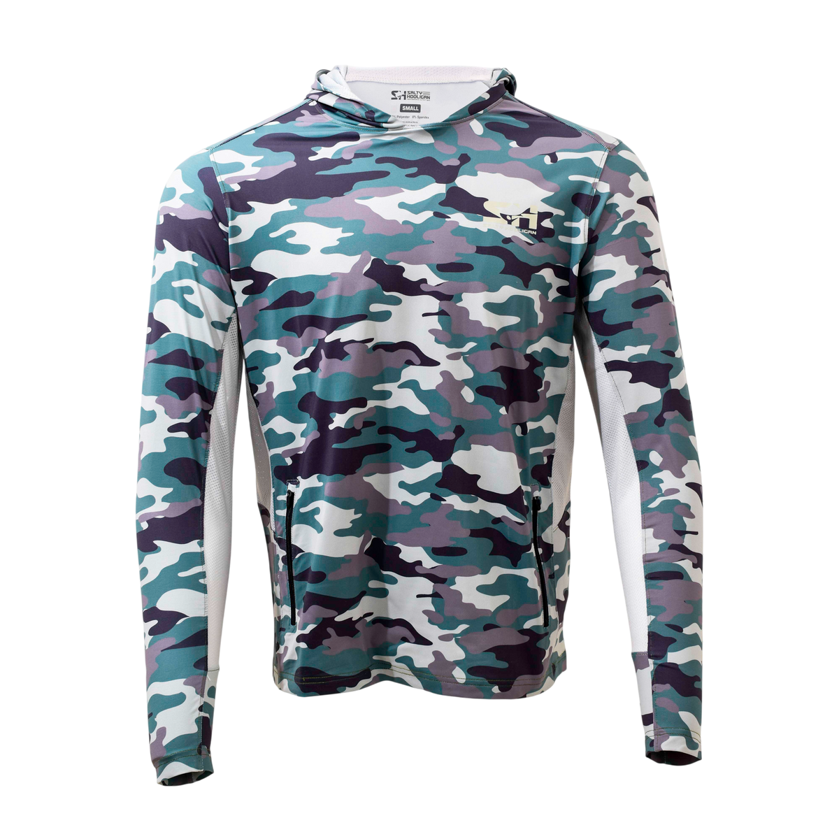 Hooligan Solar Vent Hoodie in green and navy camo, front view