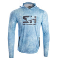Hooligan Solar Vent hoodie in blue fish scale print, front view with hood