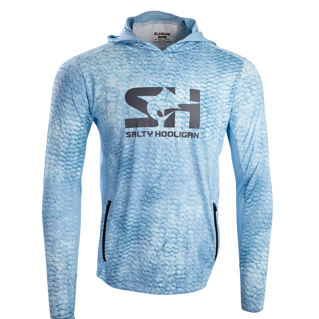 Hooligan Solar Vent hoodie in blue fish scale print, front view