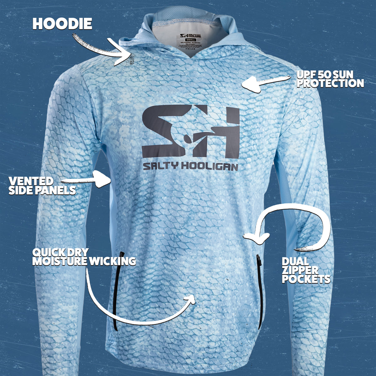 Hooligan Solar Vent fish scale hoodie with callouts for UPF sun protection, vented side panels, quick-dry fabric and zip pocket