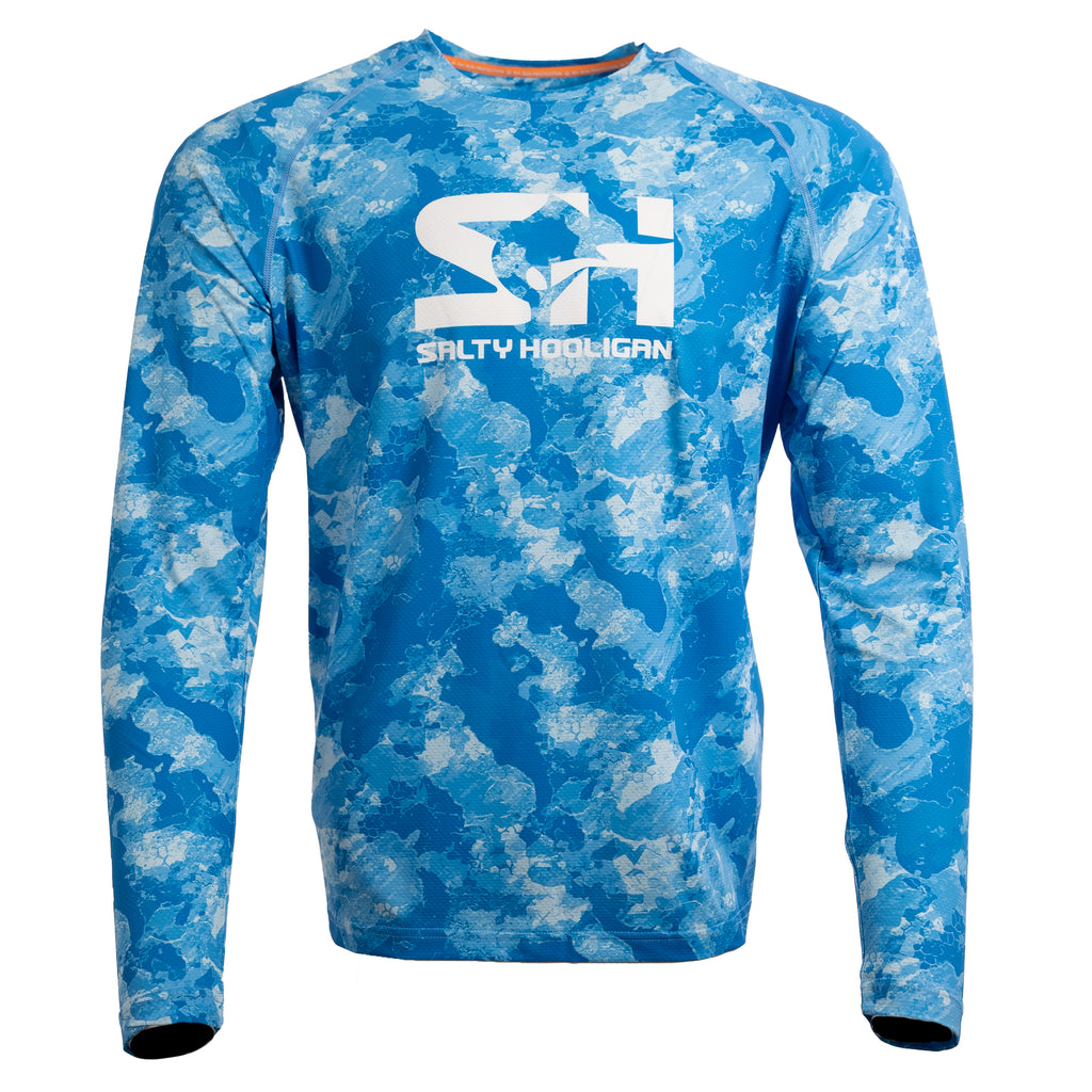Oceanic Performance fishing long sleeve in Mediterranean blue camo, front view