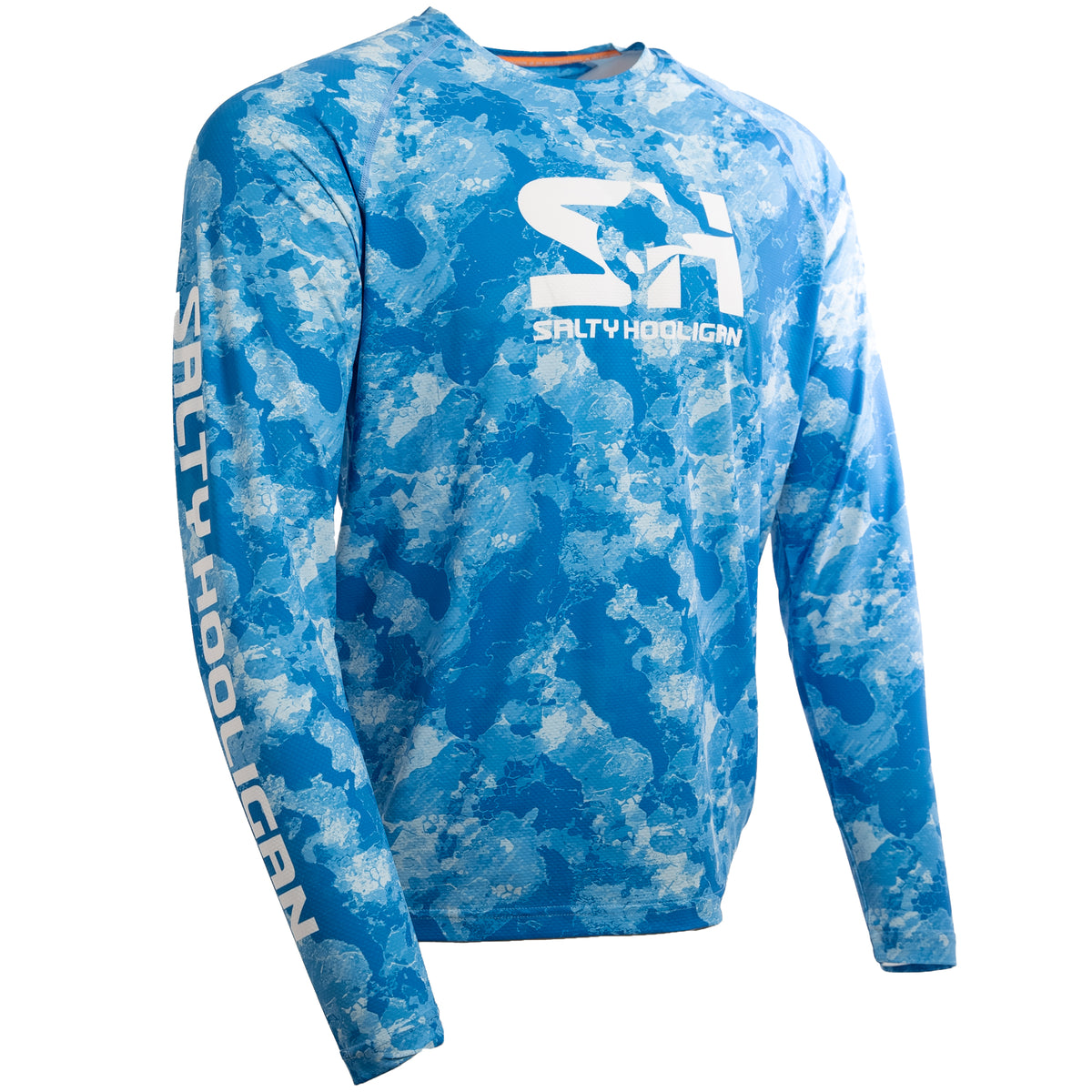 Oceanic Performance fishing long sleeve in Mediterranean blue camo, side view with Salty Hooligan sleeve print