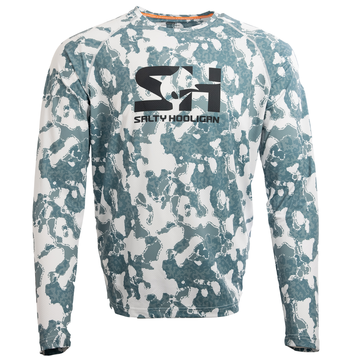 Riptide Performance long sleeve shirt in lead grey and white camo, front view