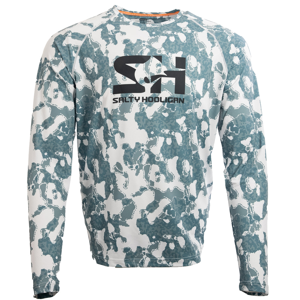 Riptide Performance long sleeve shirt in lead grey and white camo, front view