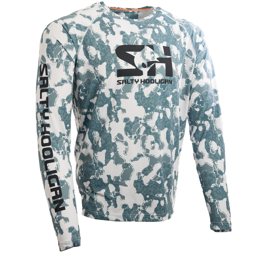 Riptide Performance long sleeve shirt in lead grey and white camo, side view with Salty Hooligan sleeve print