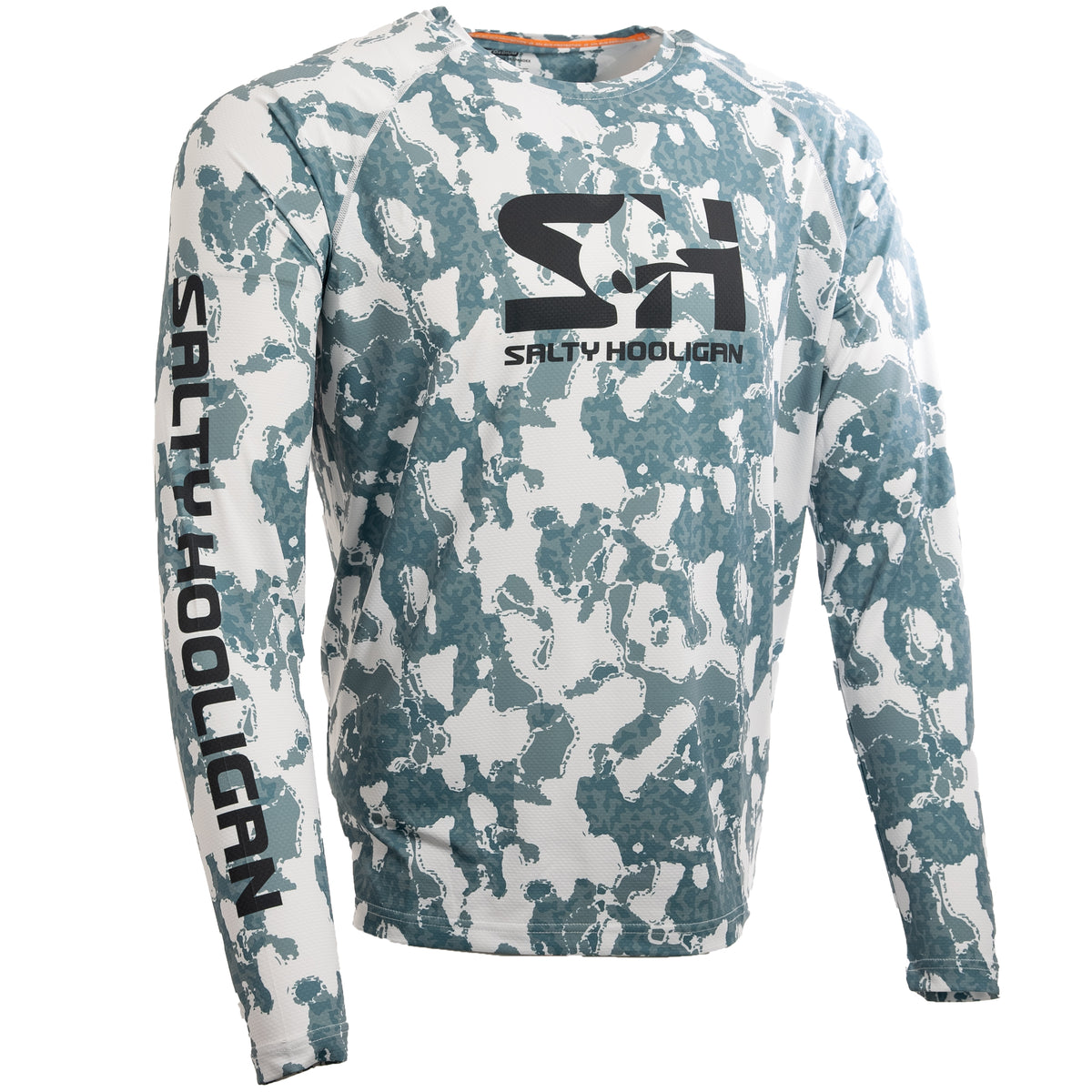 Riptide Performance long sleeve shirt in lead grey and white camo, side view with Salty Hooligan sleeve print