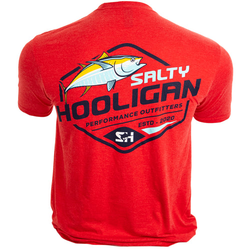 Yellowfin Tuna Graphic Tee in red, back view with yellowfin tuna Salty Hooligan badge