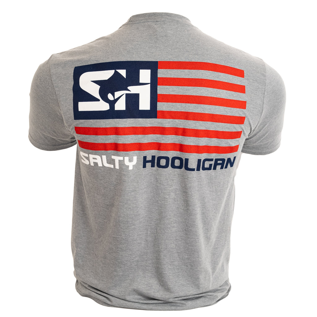 Patriotic Flag Graphic Tee in heather grey, back view with American flag SH logo