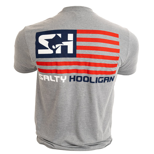 Patriotic Flag Graphic Tee in heather grey, back view with American flag SH logo