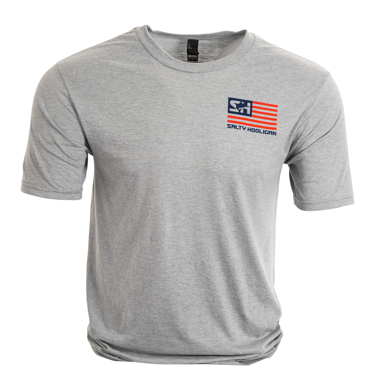 Patriotic Flag Graphic Tee in heather grey, front view with small flag logo