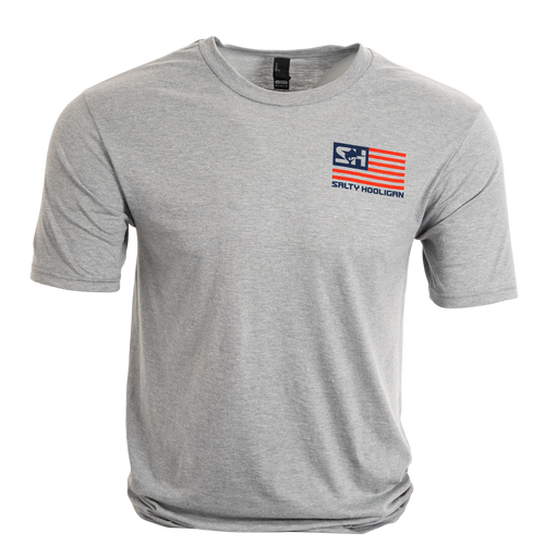 Patriotic Flag Graphic Tee in heather grey, front view with small flag logo