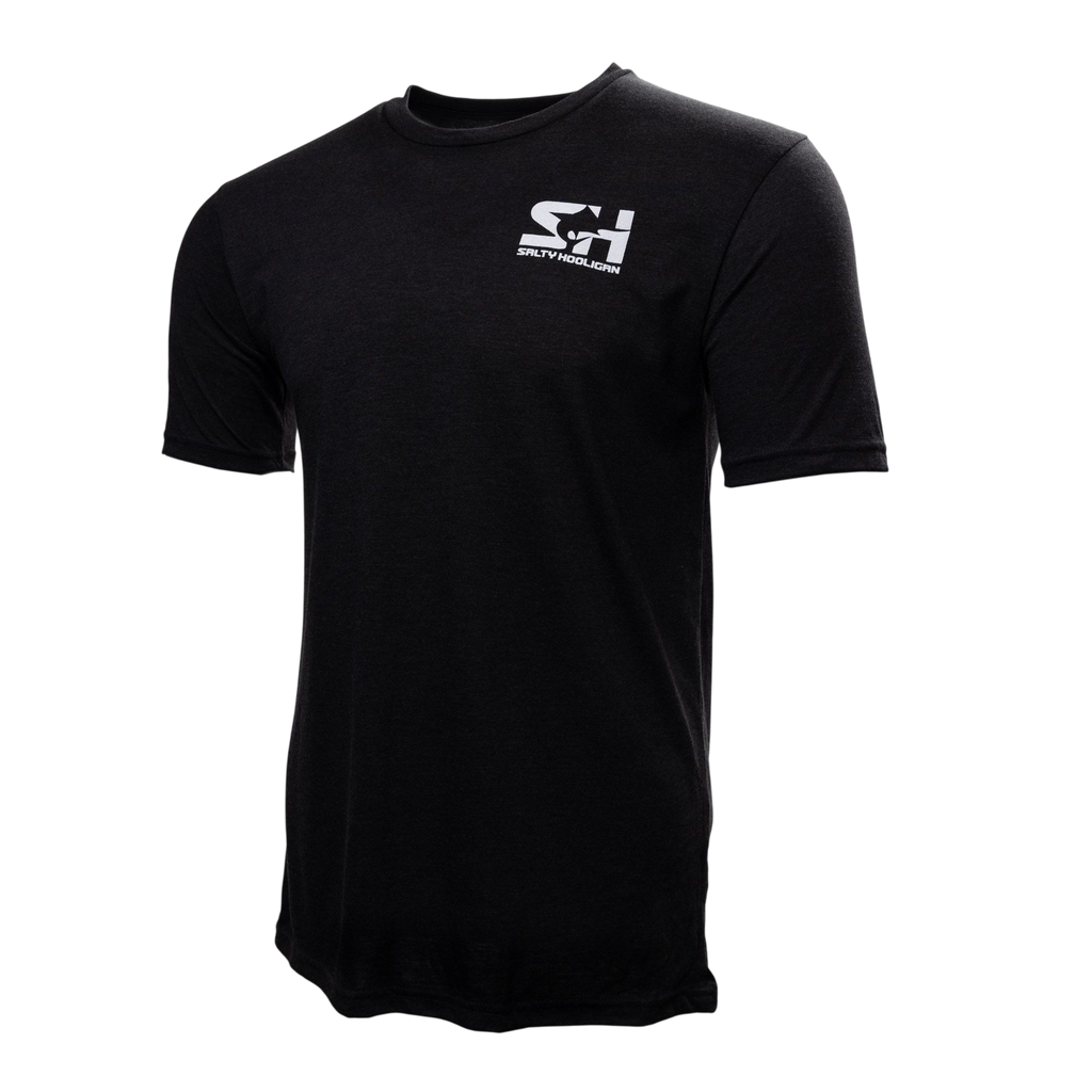 Salty Hooligan Logo Tee in black, front view with SH chest logo