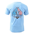 Diamond Tuna Pocket Tee in light blue, back view with American flag tuna tail graphic