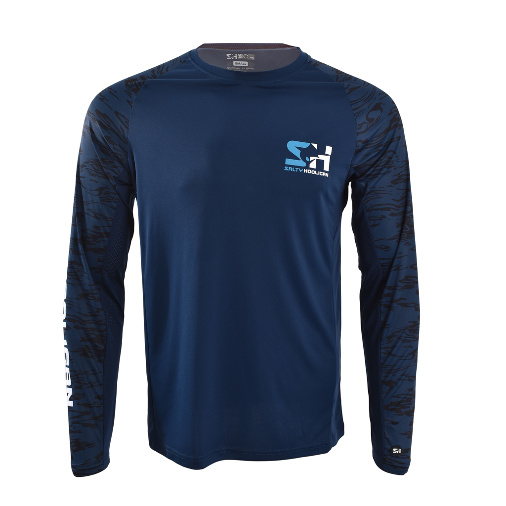 Offshore Pursuit Crew Long Sleeve in navy with camo sleeves, front view