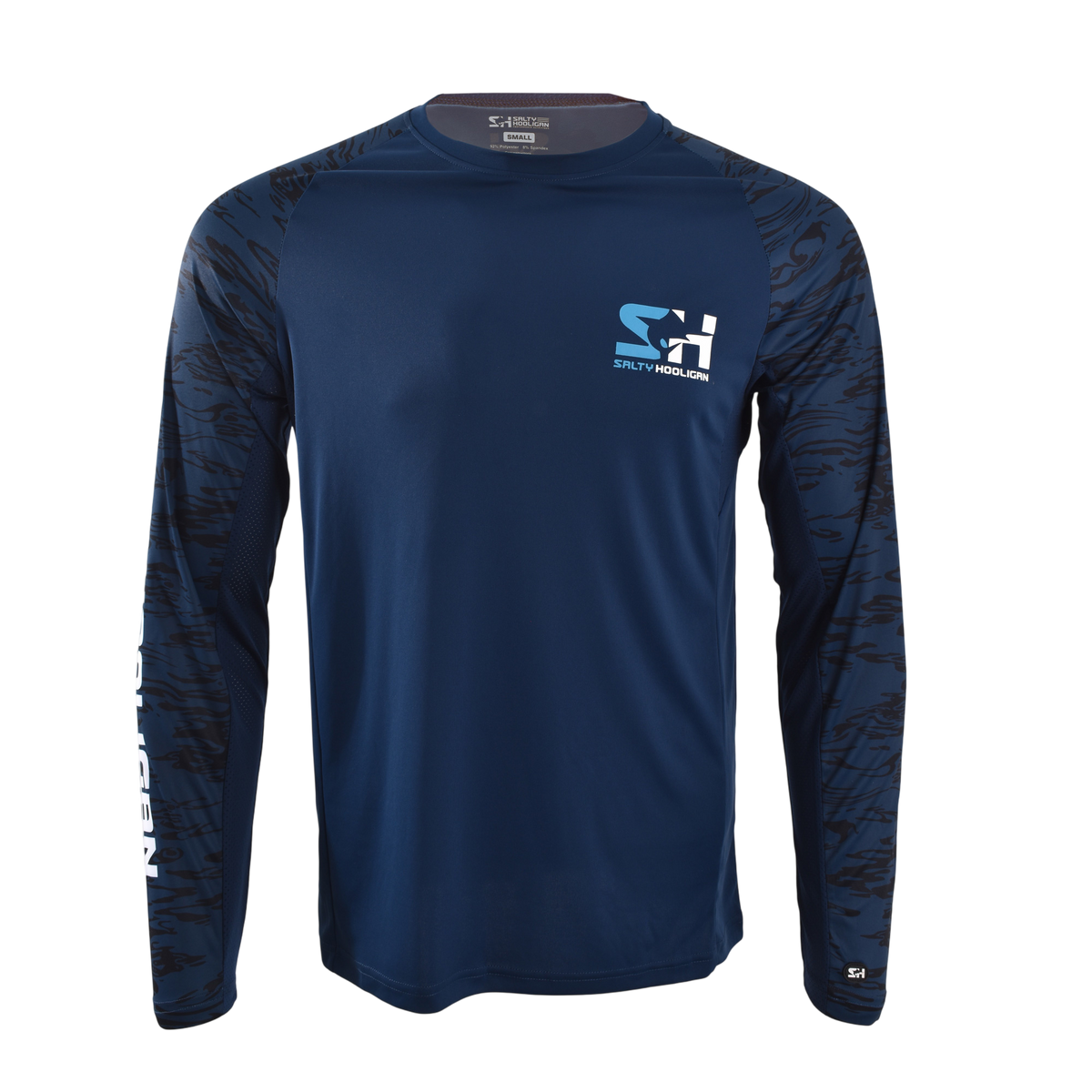 Offshore Pursuit Crew Long Sleeve in navy with camo sleeves, front view