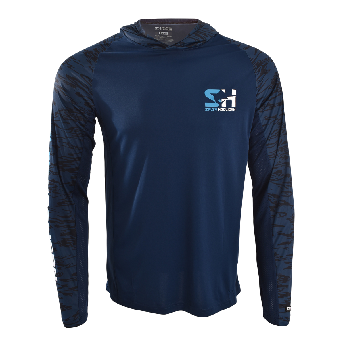 Offshore Pursuit Hoodie in navy with camo sleeves, front view