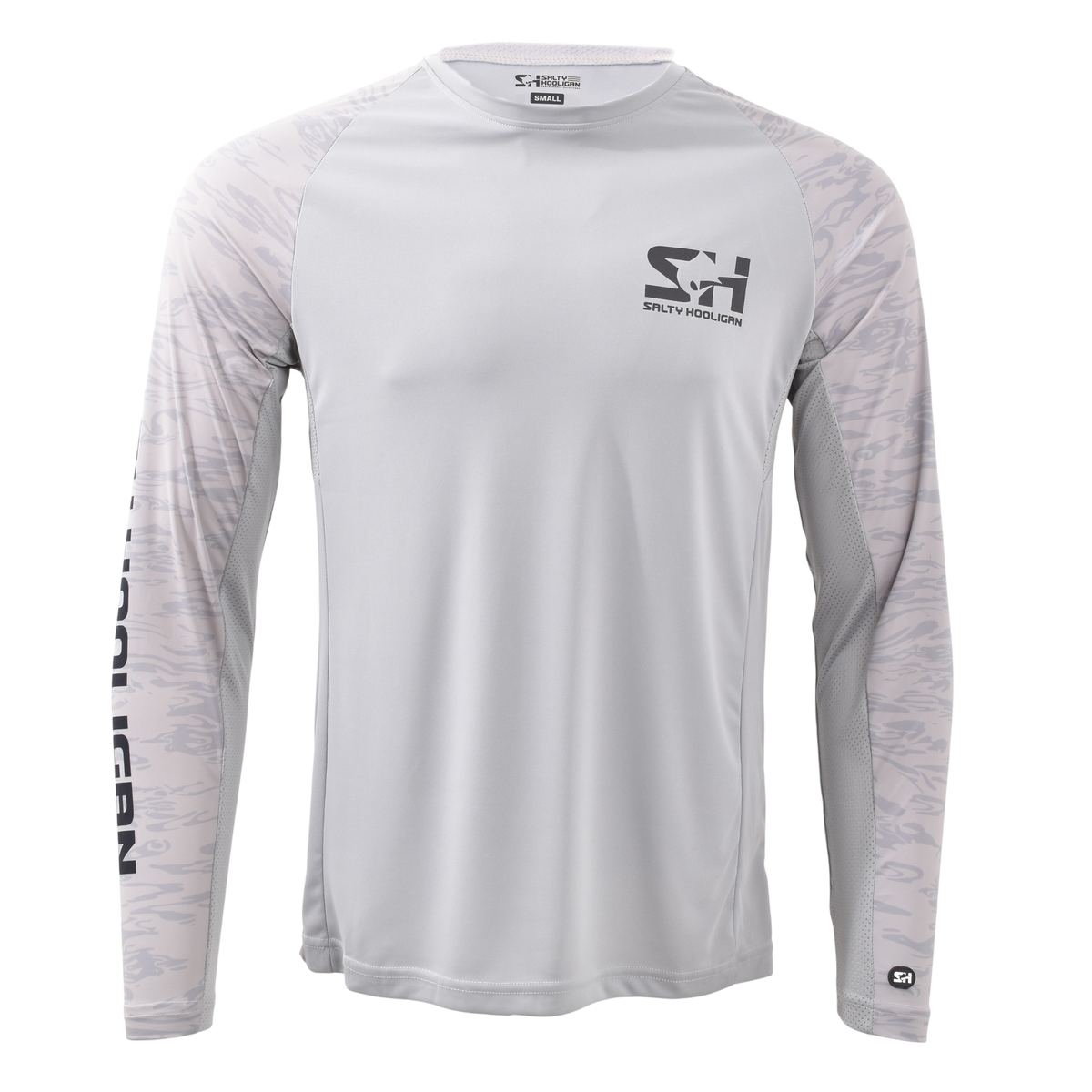 Offshore Pursuit Crew Long Sleeve in grey with camo sleeves, front view with Salty Hooligan sleeve print