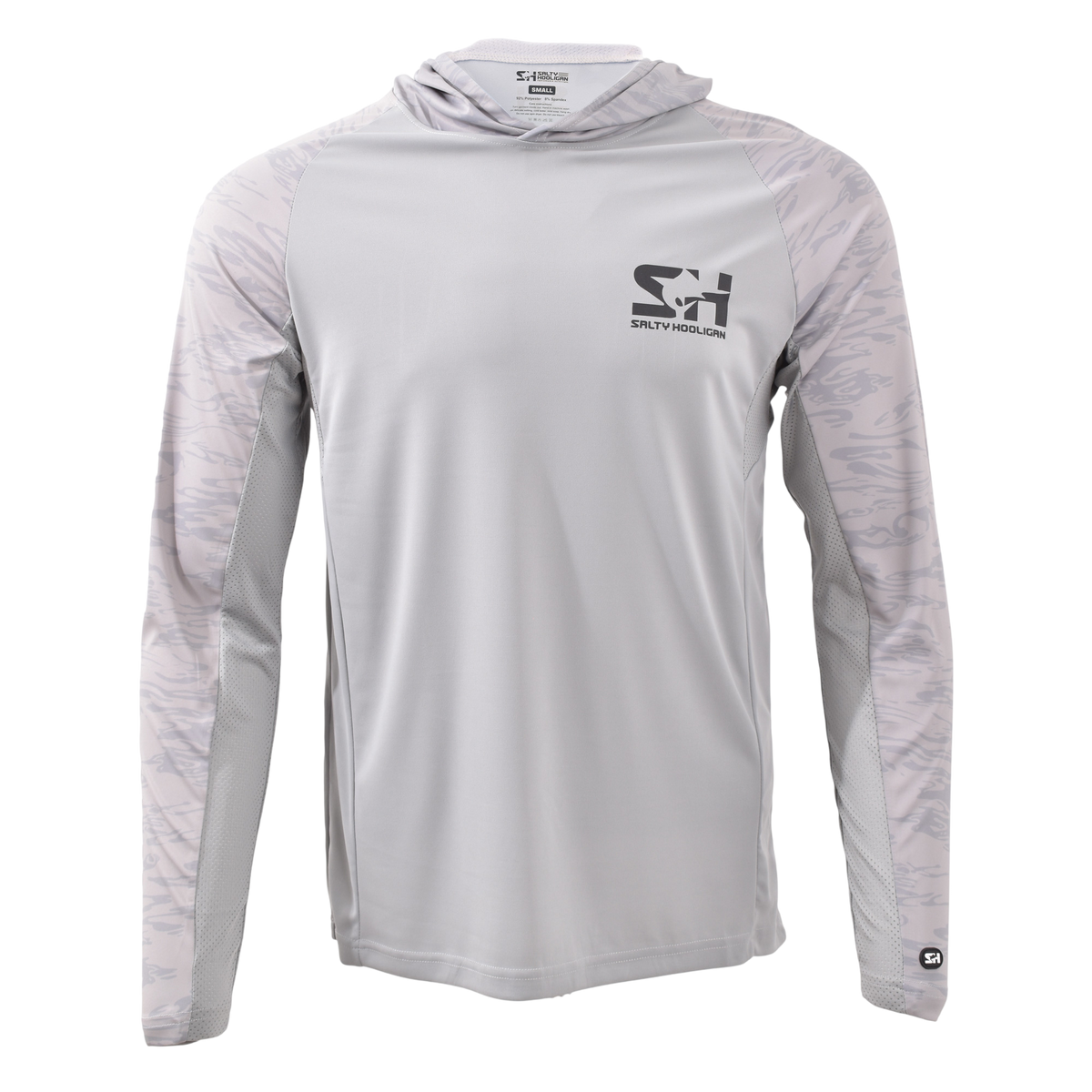 Offshore Pursuit Hoodie in grey with camo sleeves, front view