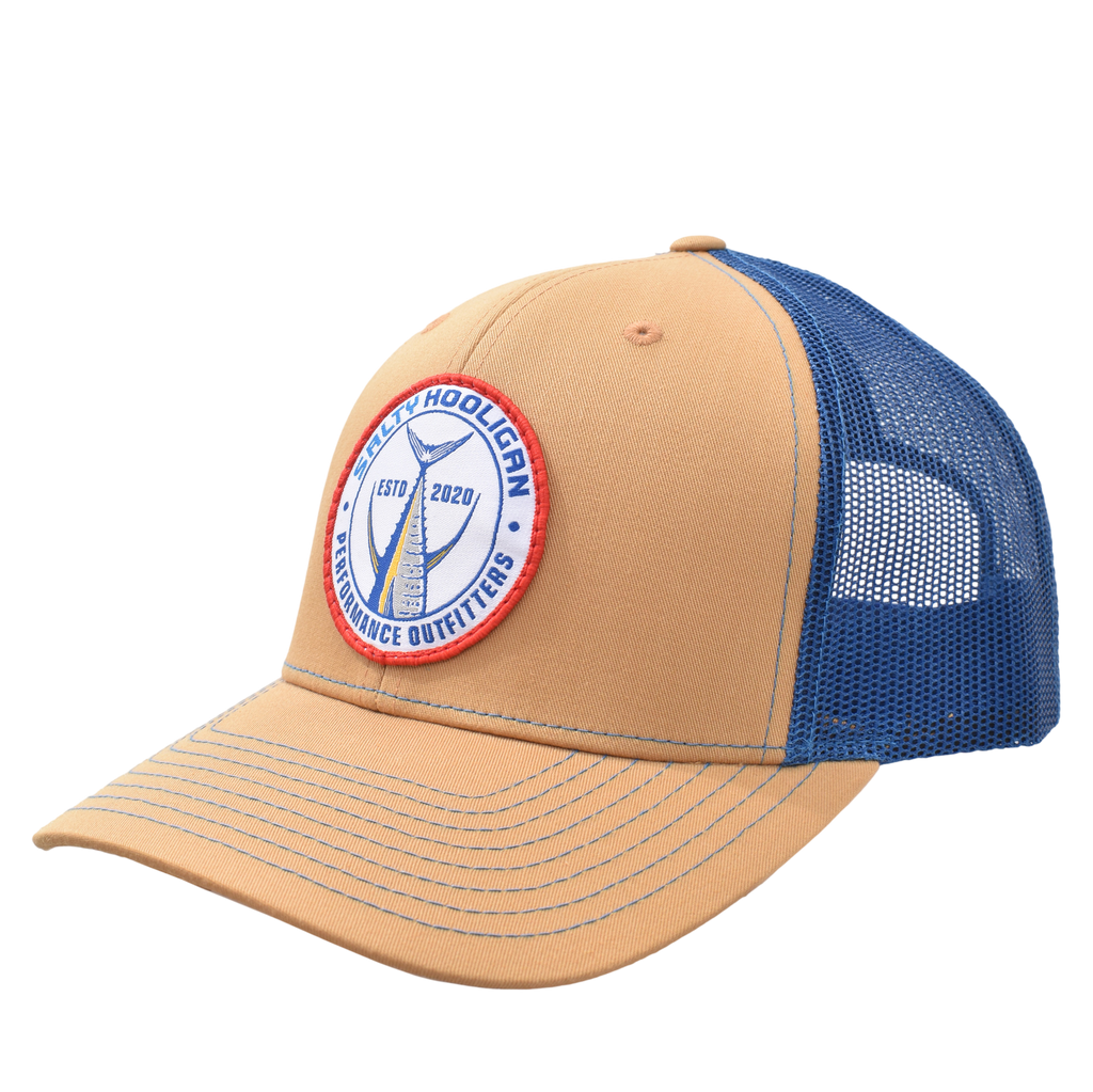 Tuna Tail Patch trucker hat in khaki with navy mesh, three-quarter front view