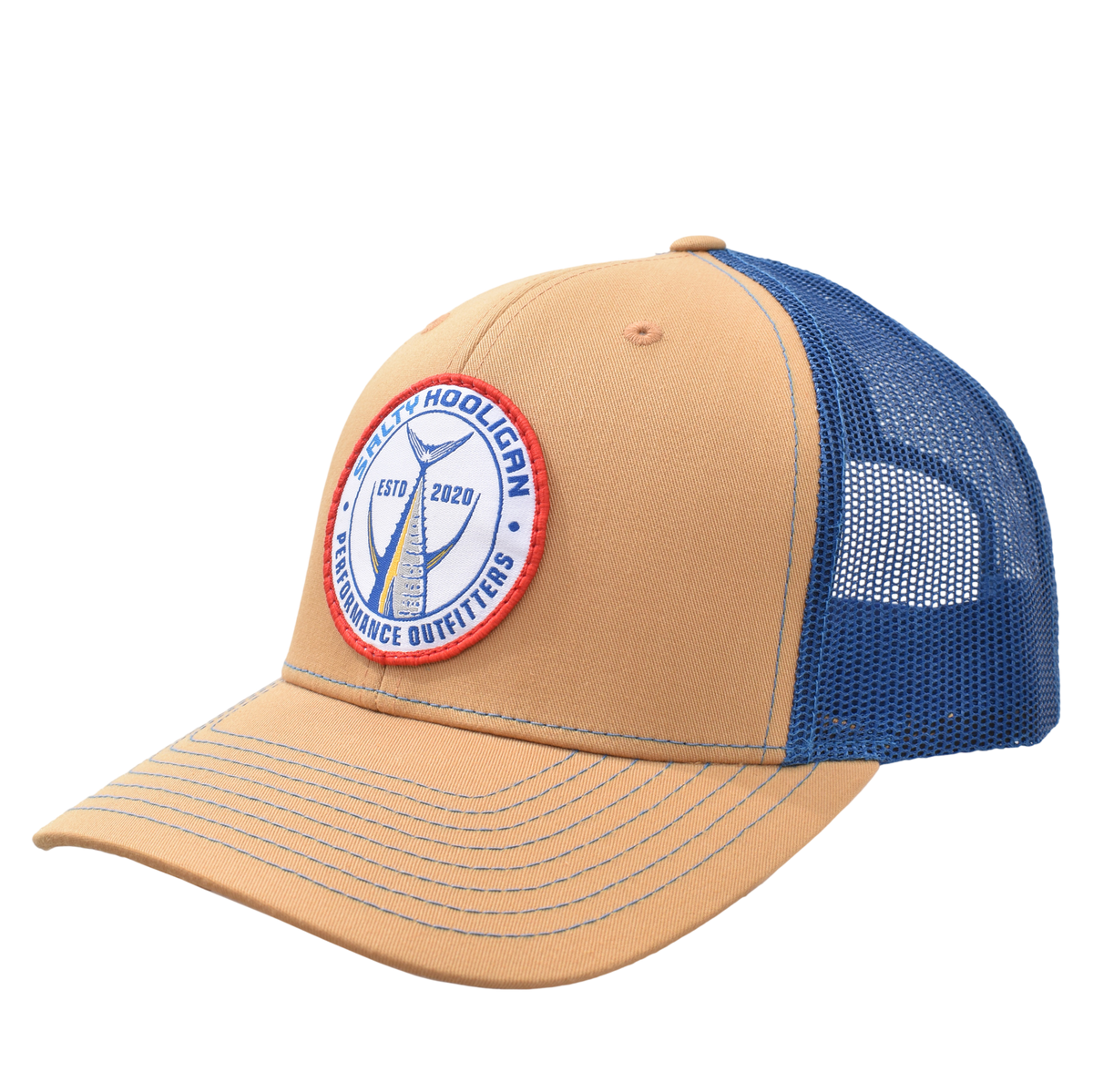 Tuna Tail Patch trucker hat in khaki with navy mesh, three-quarter front view