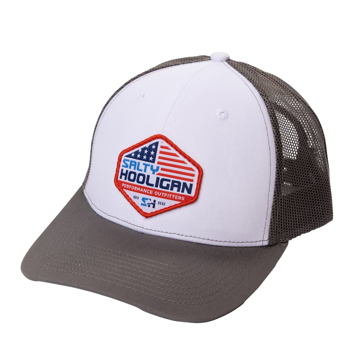 Flag Trucker hat in grey and white with American flag Salty Hooligan patch, three-quarter front view