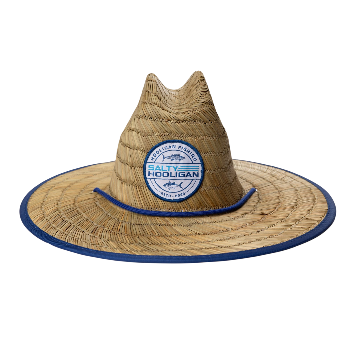 Hooligan Fishing Straw Hat with round Salty Hooligan patch and navy trim, front view