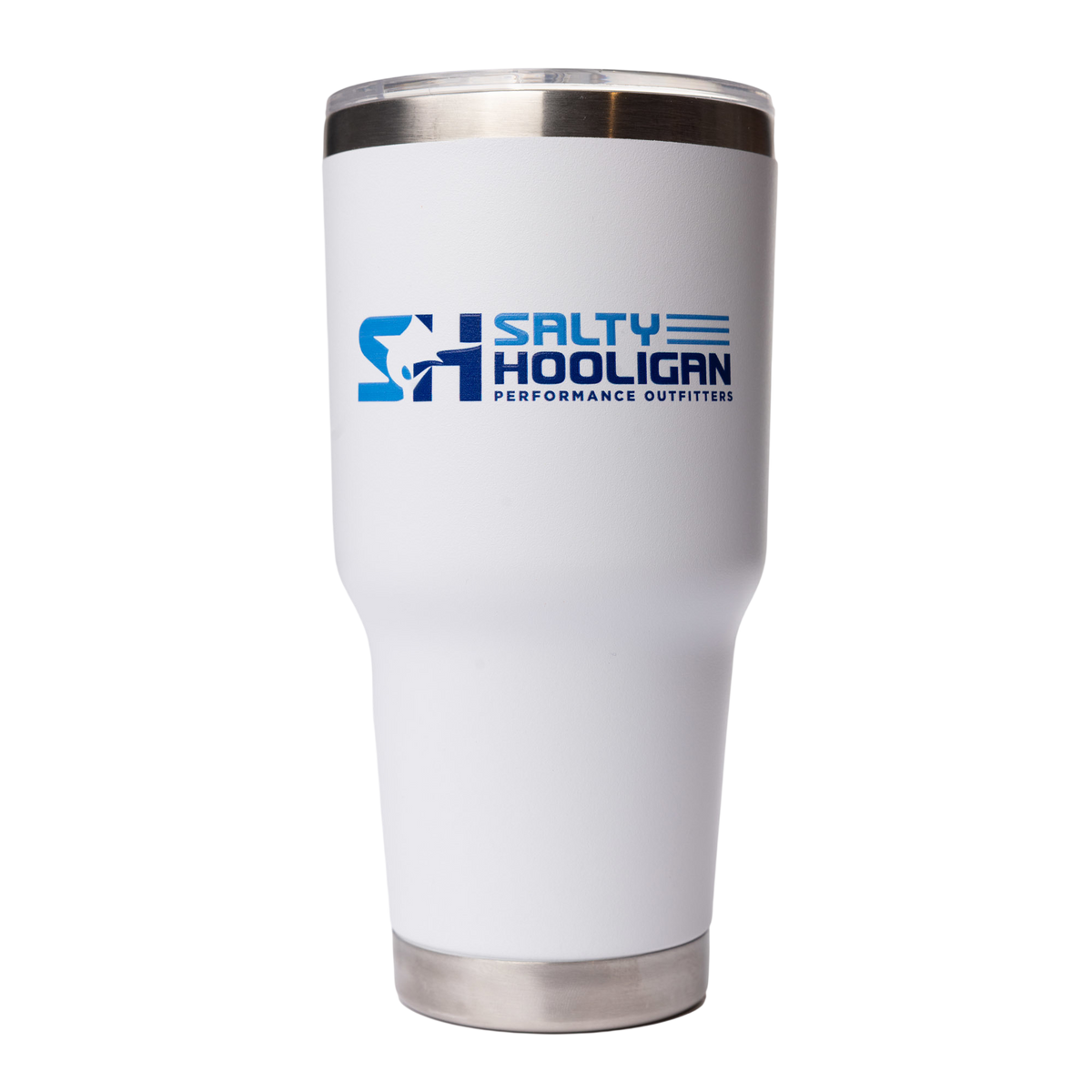 Salty Hooligan 30 oz tumbler in white, front view