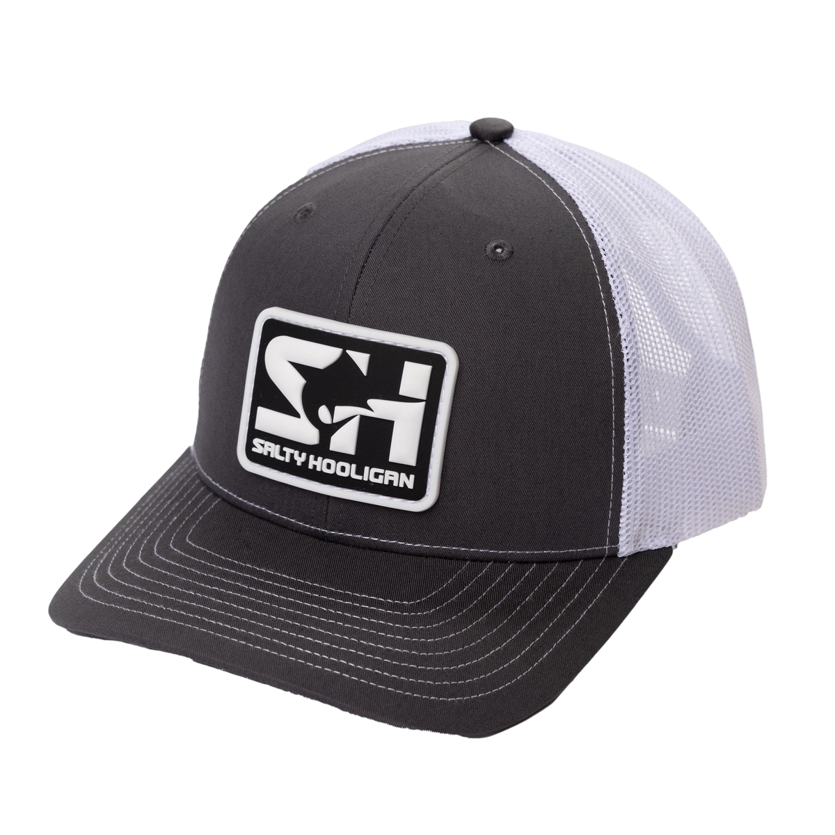 Rubber Logo Trucker hat in charcoal with white mesh, three-quarter front view
