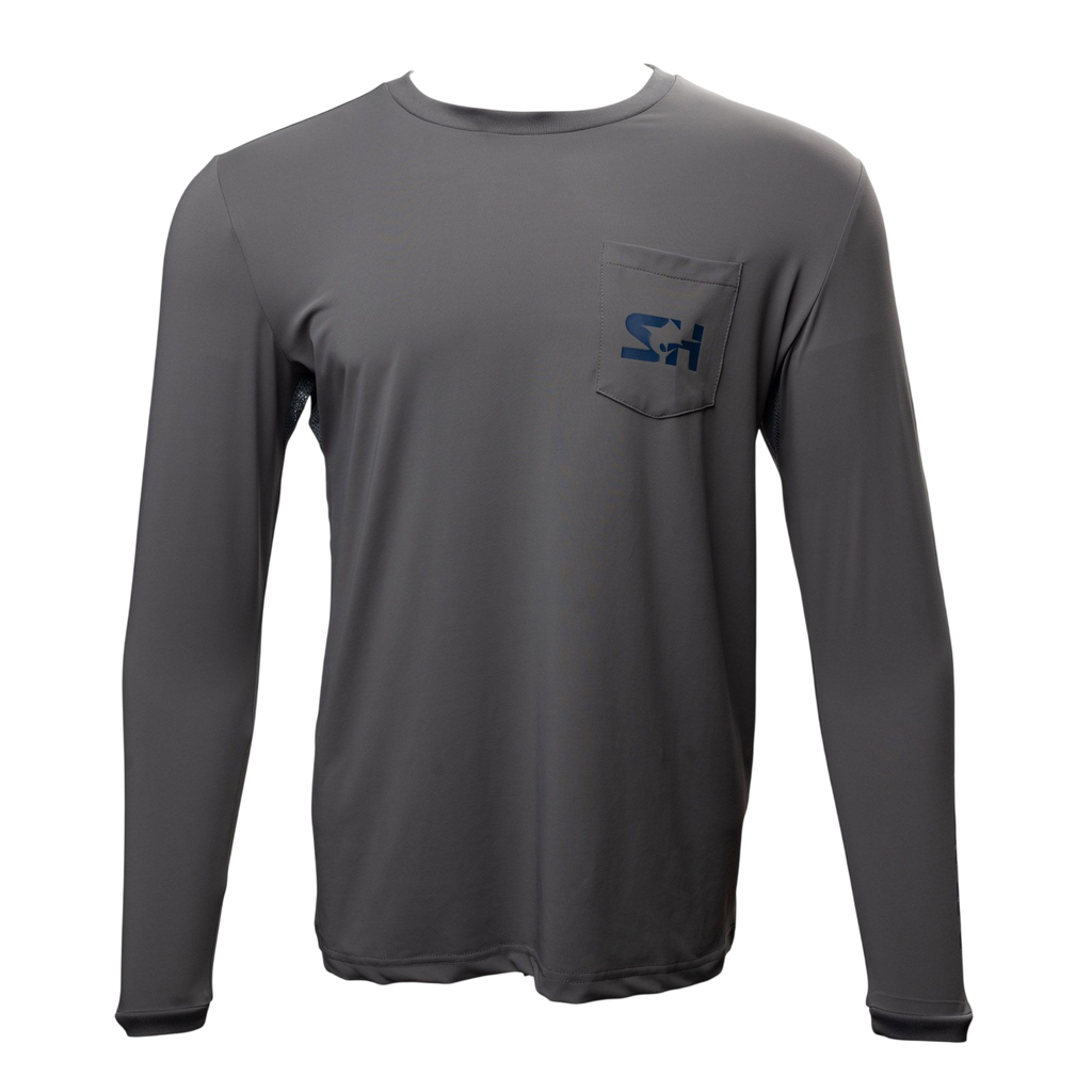 Marlin Pocket Crew Long Sleeve in smoke grey, front view with pocket logo