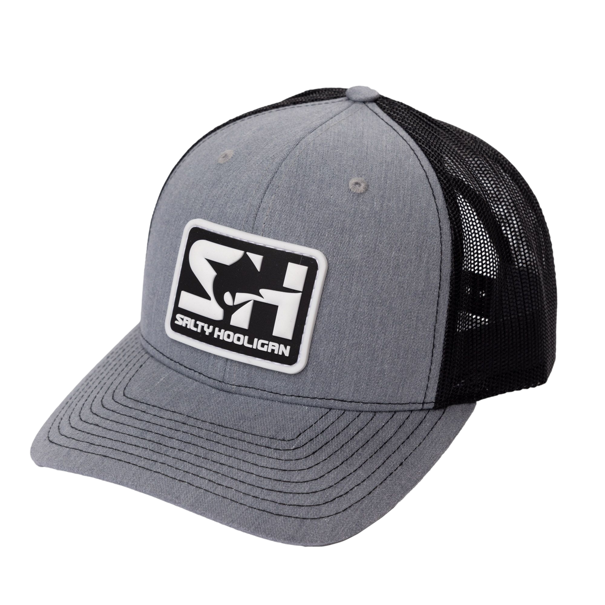 Rubber Logo Trucker hat in heather grey with black mesh, three-quarter front view
