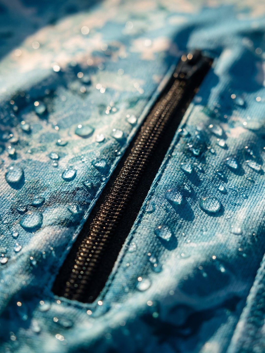 Close-up of the Ocean Pro Tech Hoodie zip pocket with water beading on the fabric