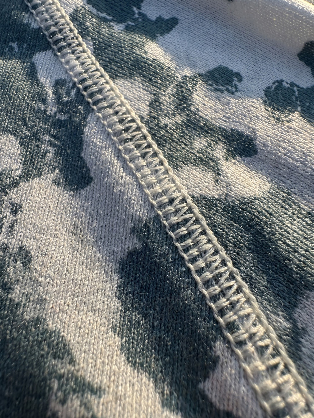 Close-up of the Riptide Performance camo fabric and flatlock stitching