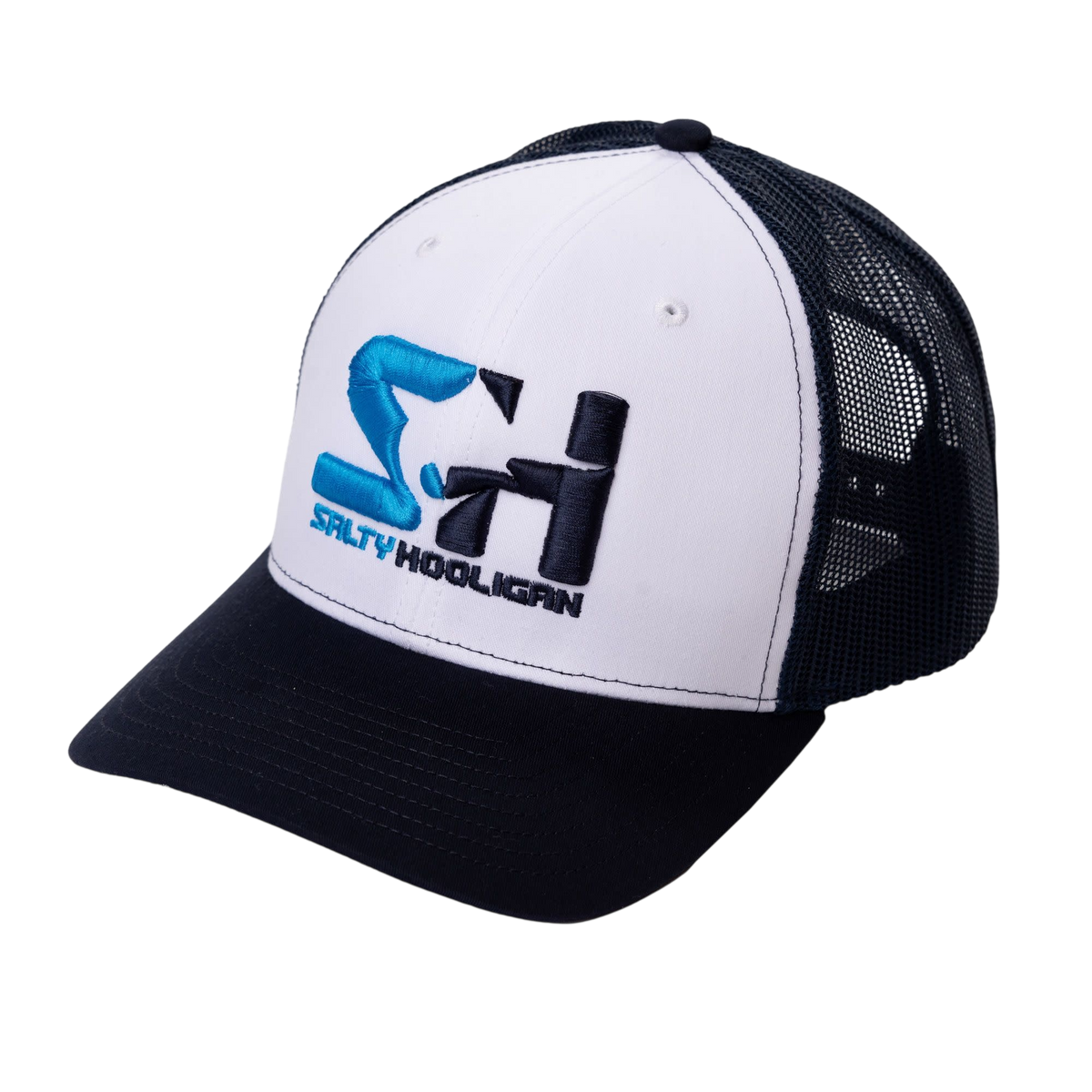 Stitch Logo Trucker hat in white with navy brim and mesh, embroidered SH logo, three-quarter front view
