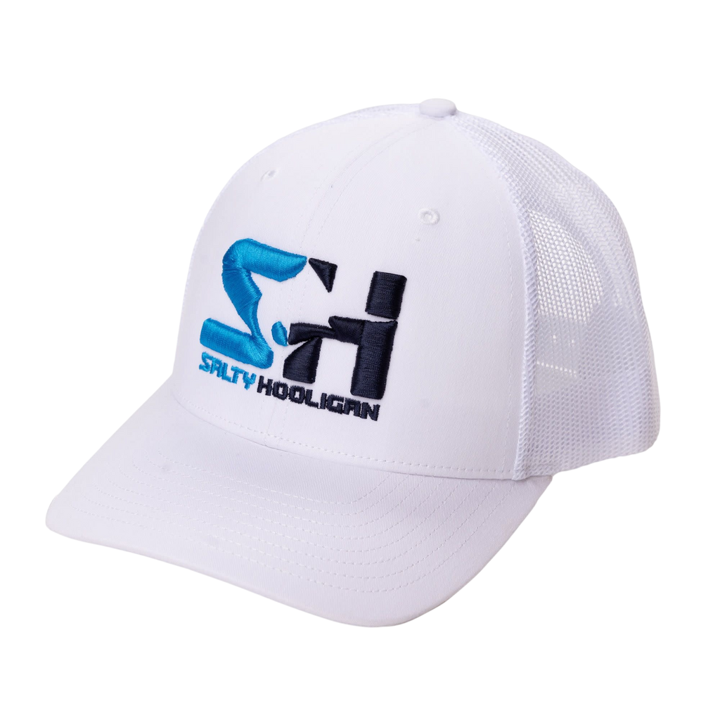 Stitch Logo Trucker hat in white with embroidered blue SH logo, three-quarter front view