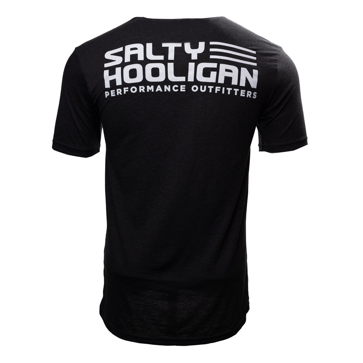 Salty Hooligan Logo Tee in black, back view with Salty Hooligan Performance Outfitters logo