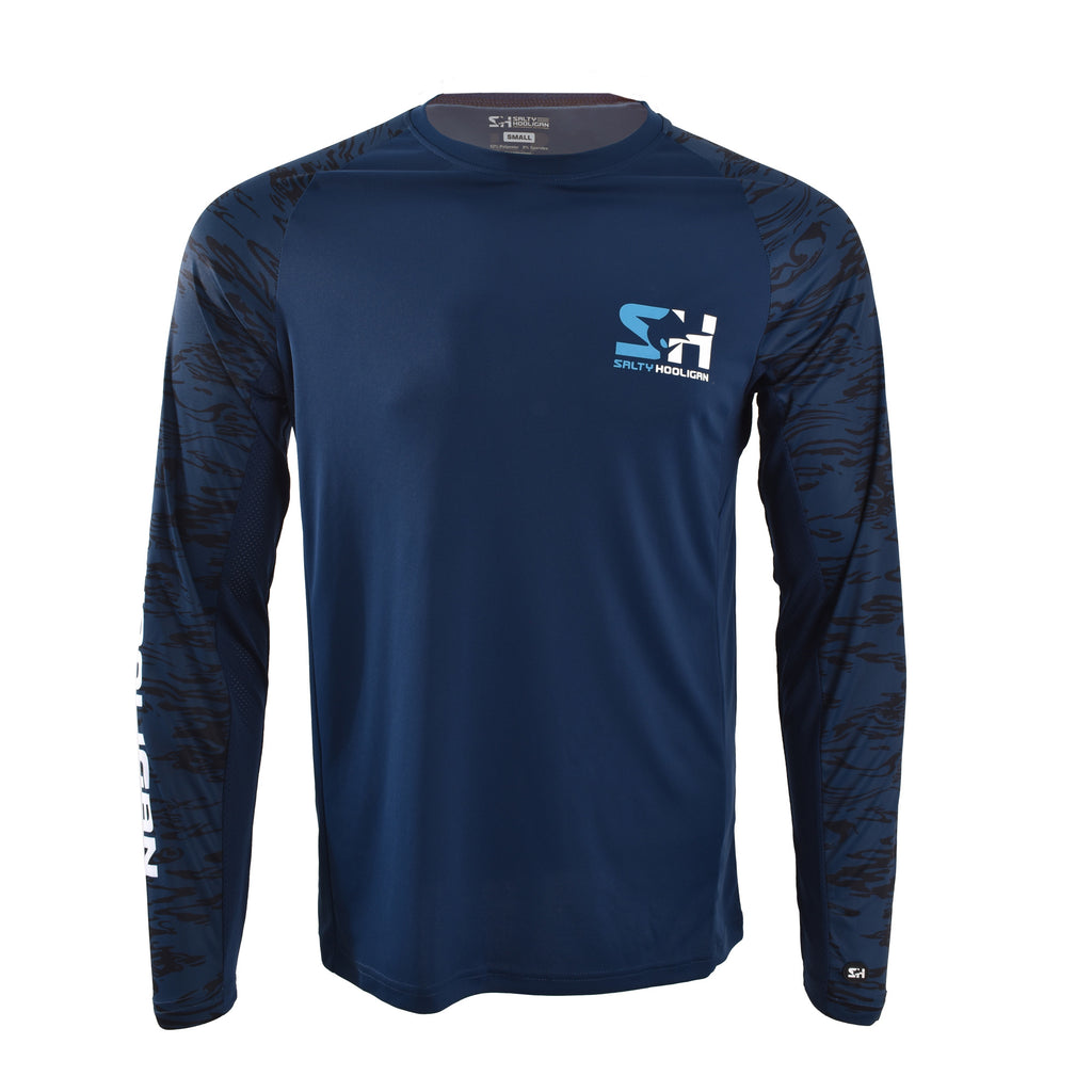 Offshore Pursuit Crew Long Sleeve in navy with camo sleeves, front view