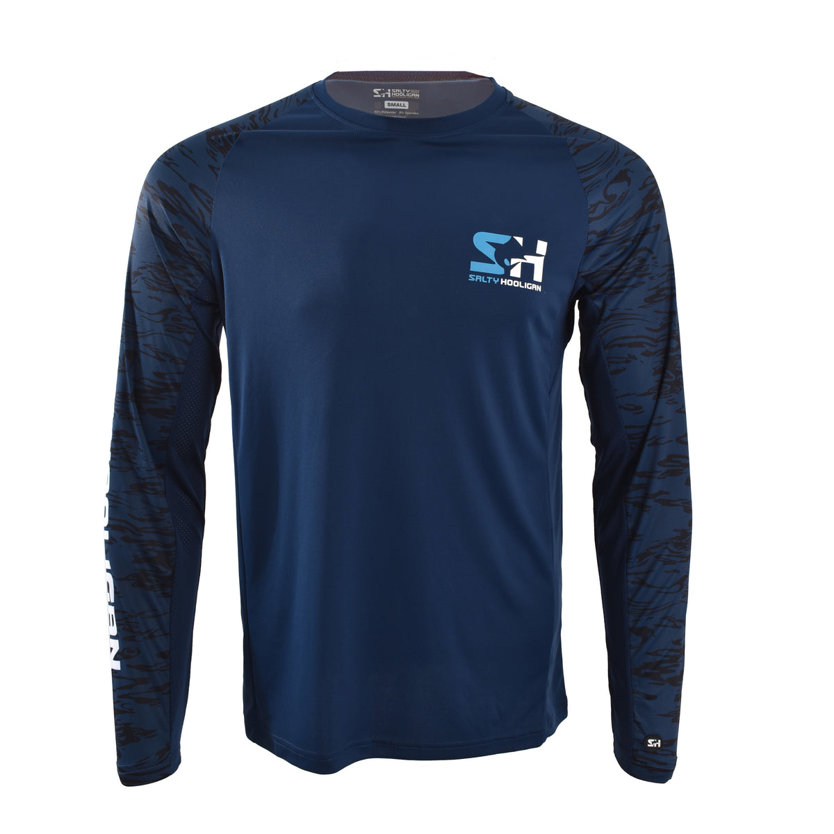 Offshore Pursuit Crew Long Sleeve in navy with camo sleeves, front view