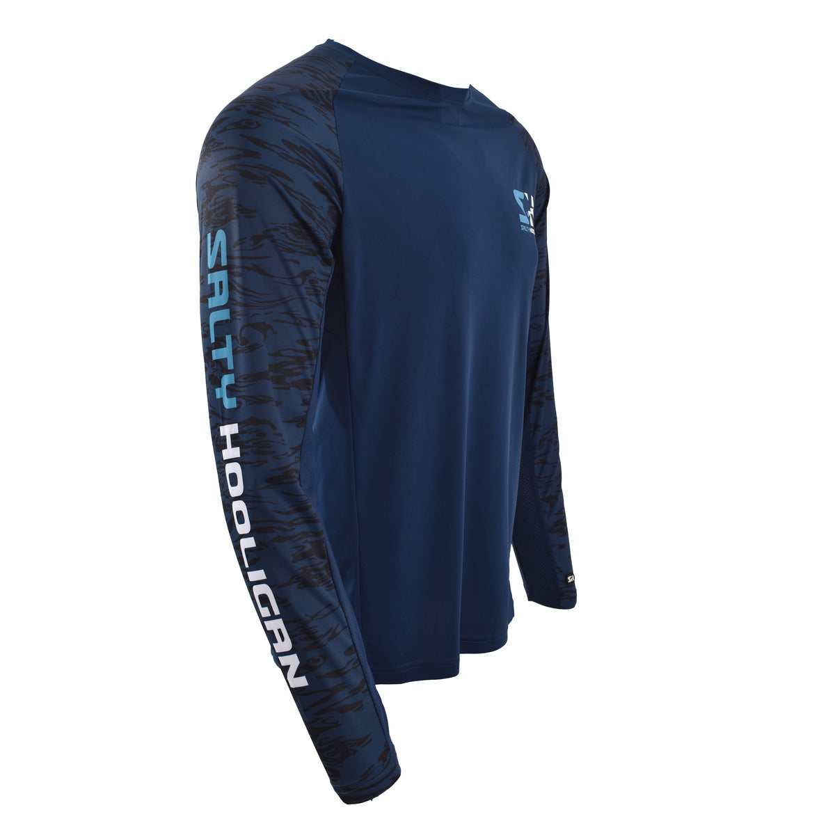 Offshore Pursuit Crew Long Sleeve in navy with camo sleeves, side view with Salty Hooligan sleeve print