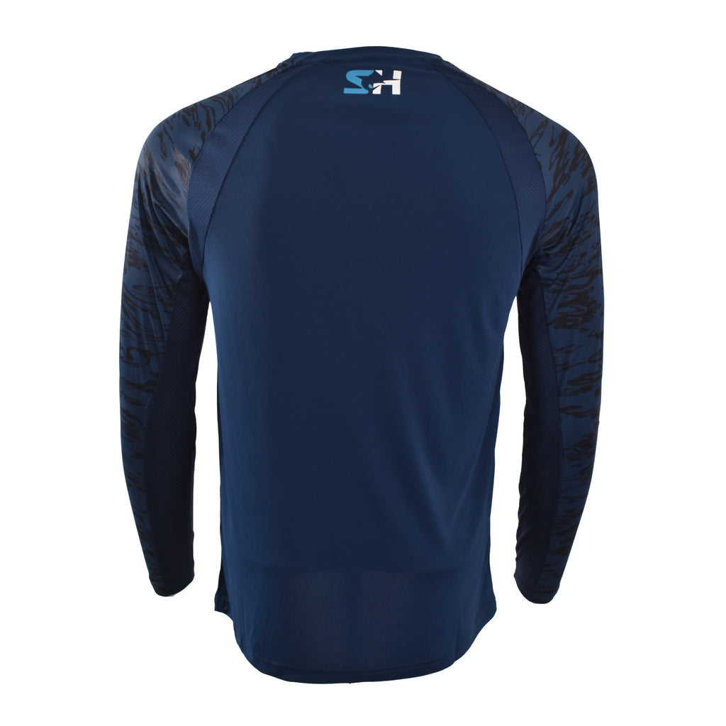 Offshore Pursuit Crew Long Sleeve in navy with camo sleeves, back view