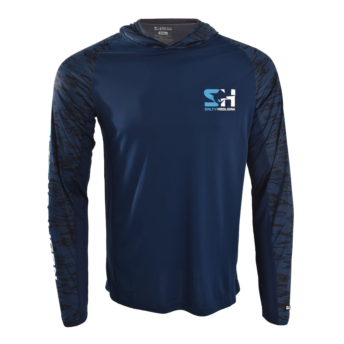 Offshore Pursuit Hoodie in navy with camo sleeves, front view