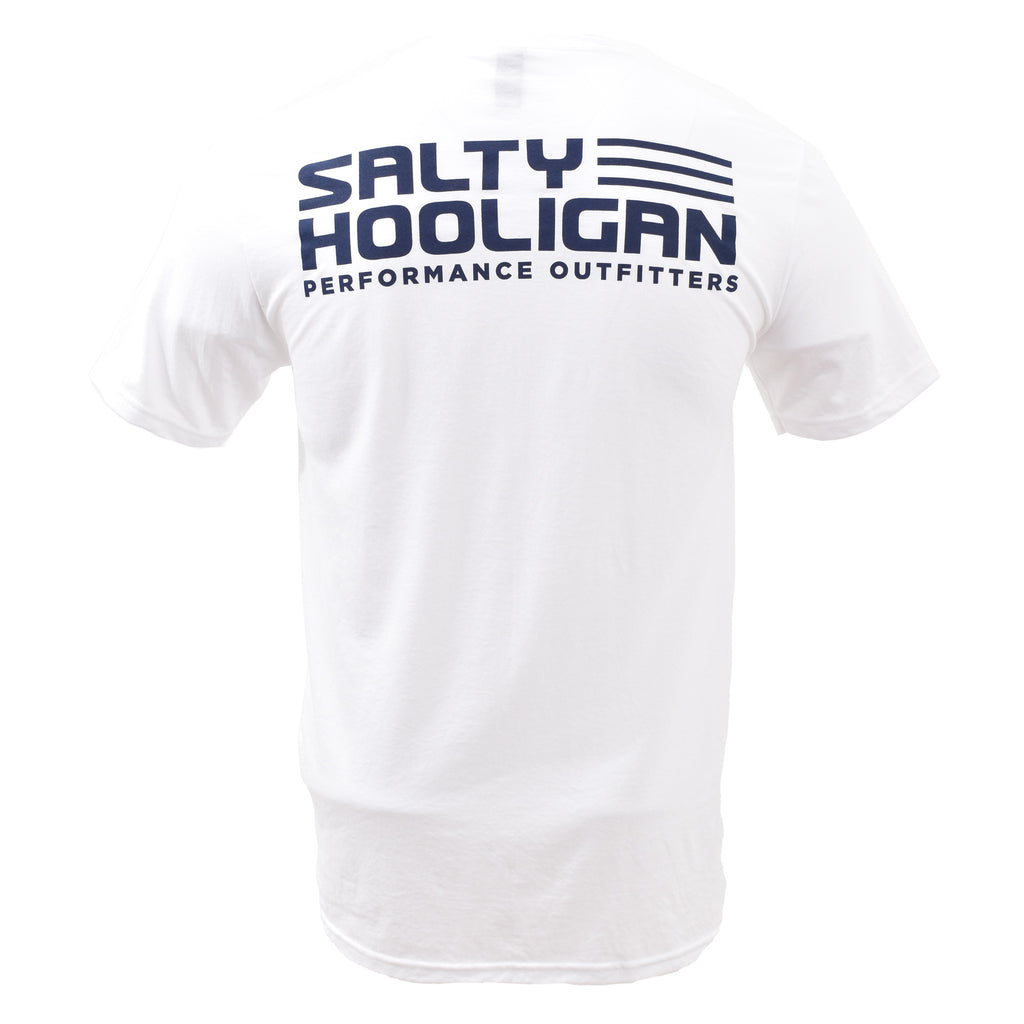 Salty Hooligan Logo Tee in white, back view with Salty Hooligan Performance Outfitters logo