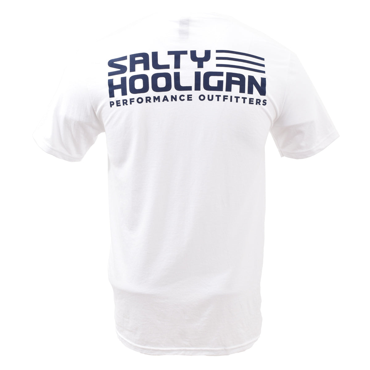 Salty Hooligan Logo Tee in white, back view with Salty Hooligan Performance Outfitters logo