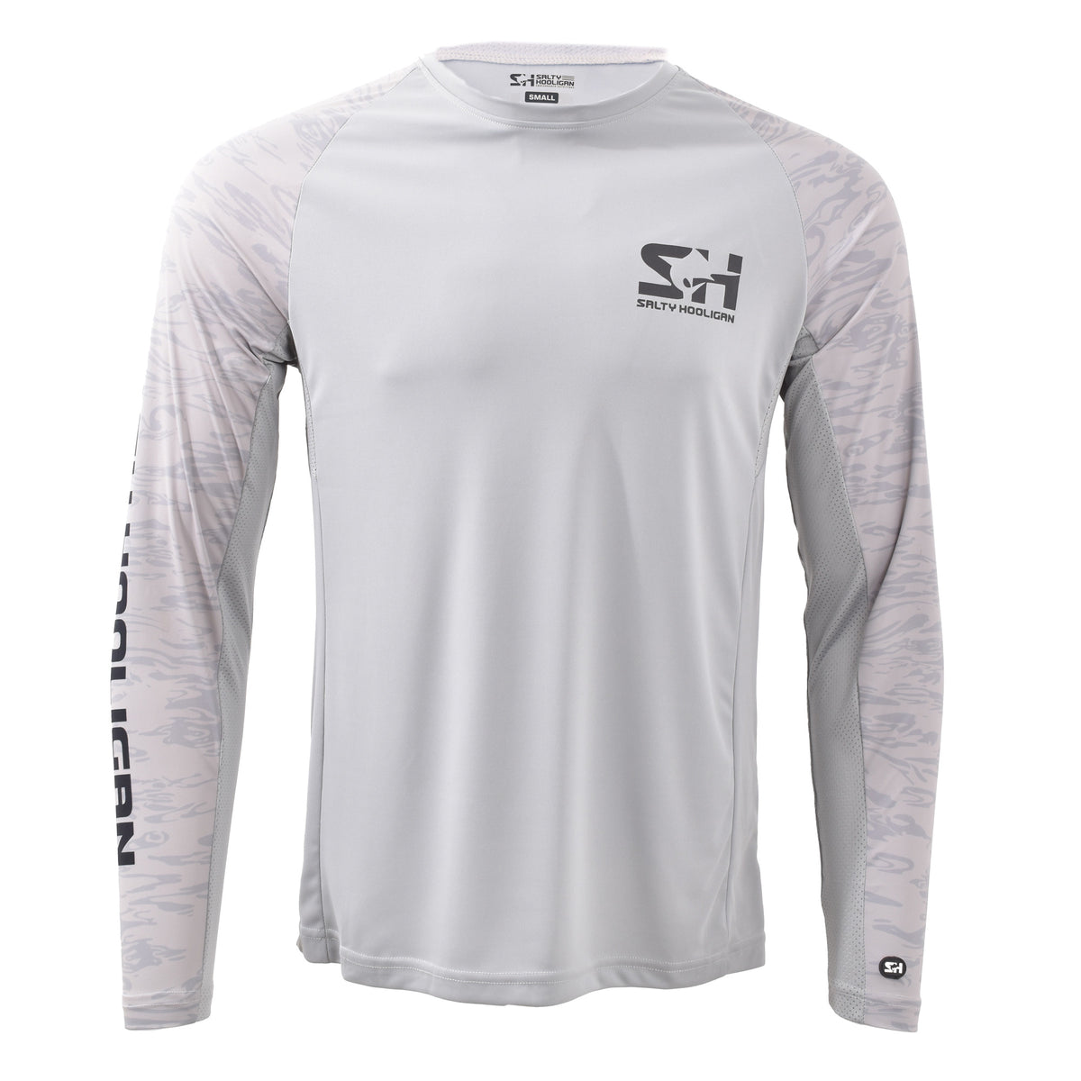 Offshore Pursuit Crew Long Sleeve in grey with camo sleeves, front view